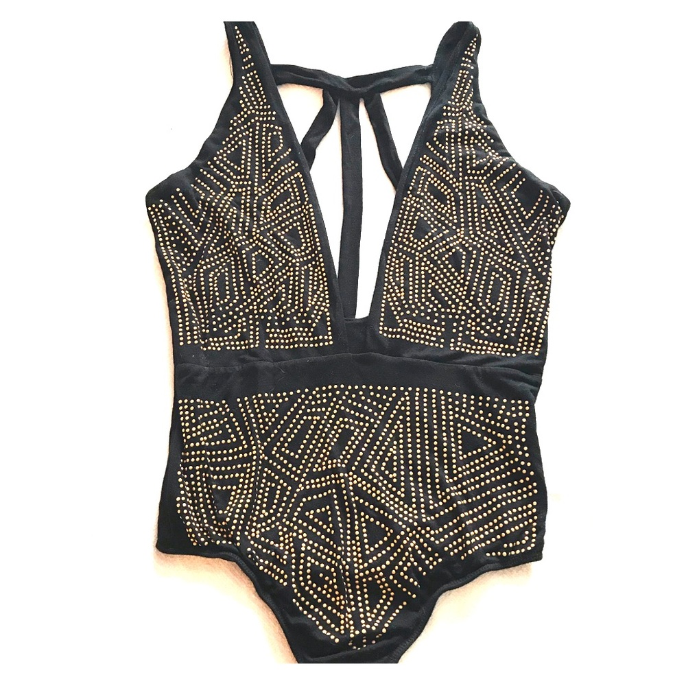 Studded BODYSUIT Black with brass studs Size M